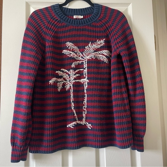 Faherty Chunky Knit Sweater Size M Striped Palm ASO TV Show Burgundy Blue - Picture 1 of 16